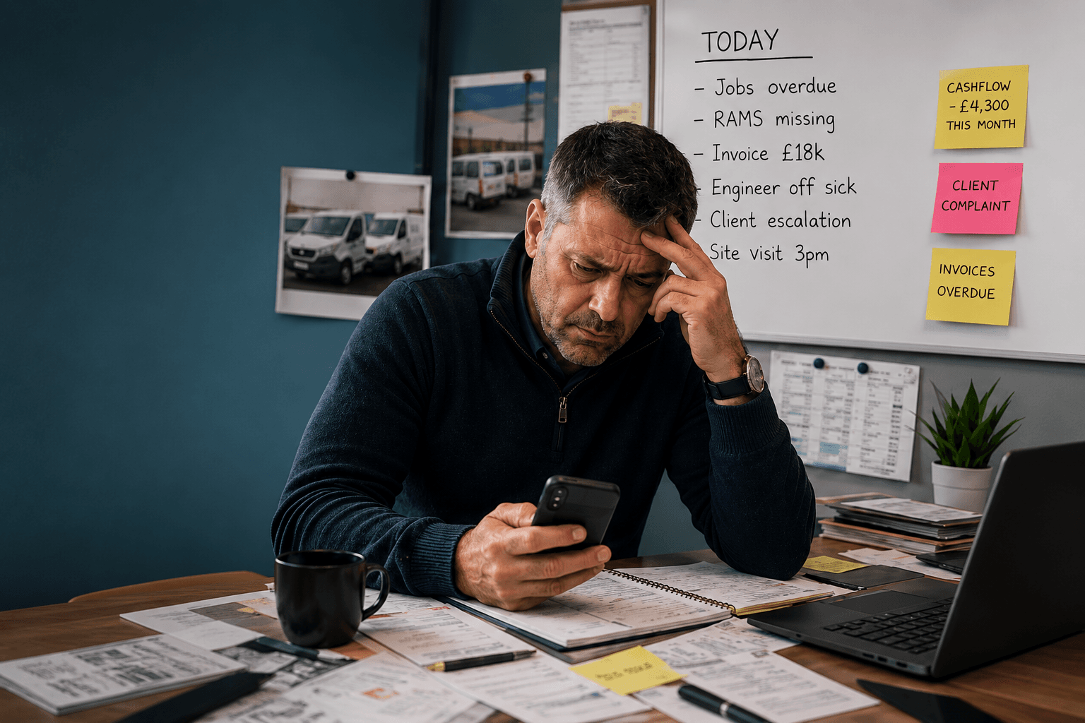 Trades business owner looking stressed while checking a phone beside an operational whiteboard.